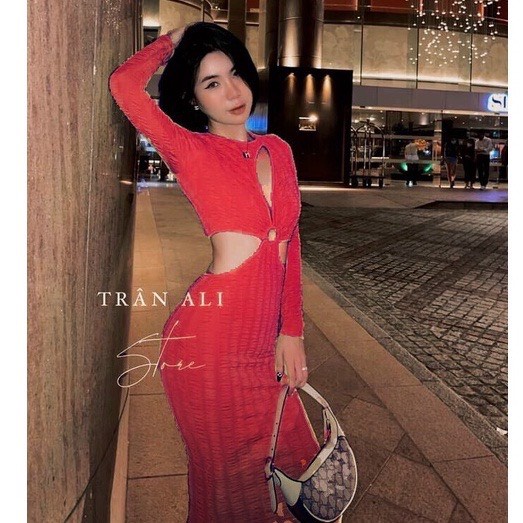 đầm gân tay dài khoét 3 khoen ngực cá tính chất thun gân