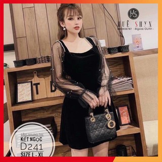 Big size Đầm nhung tay kết ngọc - Mau Đen - Size L XL