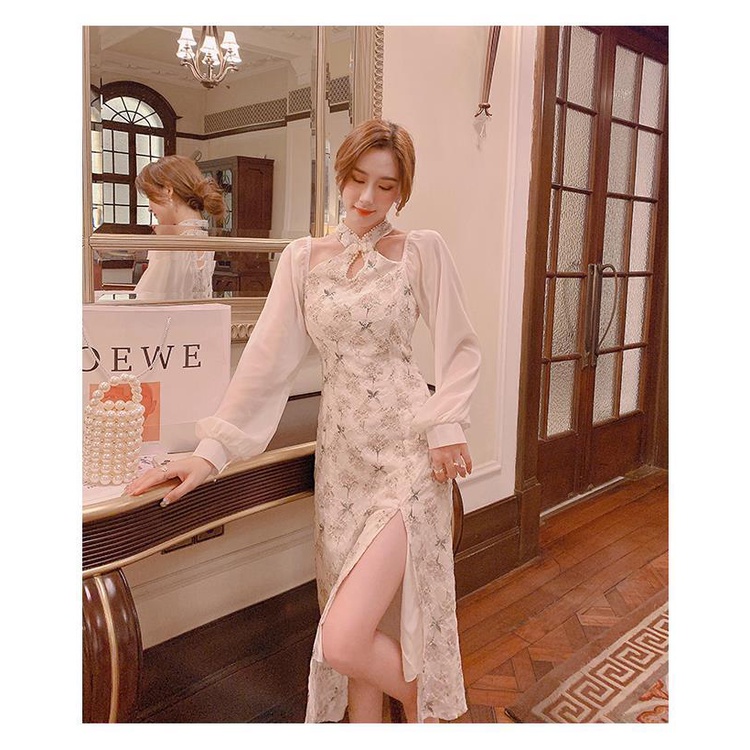 Đầm sườn xám cách tân dáng dài hở vai xẻ tà kiểu retro quyến rũ dành cho nữ