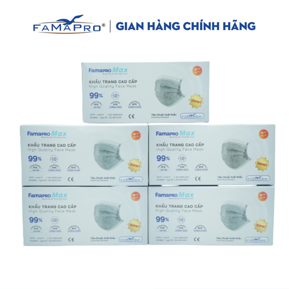 [HỘP-40 CÁI-MÀU XÁM] COMBO 5 HỘP Khẩu trang y tế cao cấp kháng khuẩn 4 lớp Famapro max