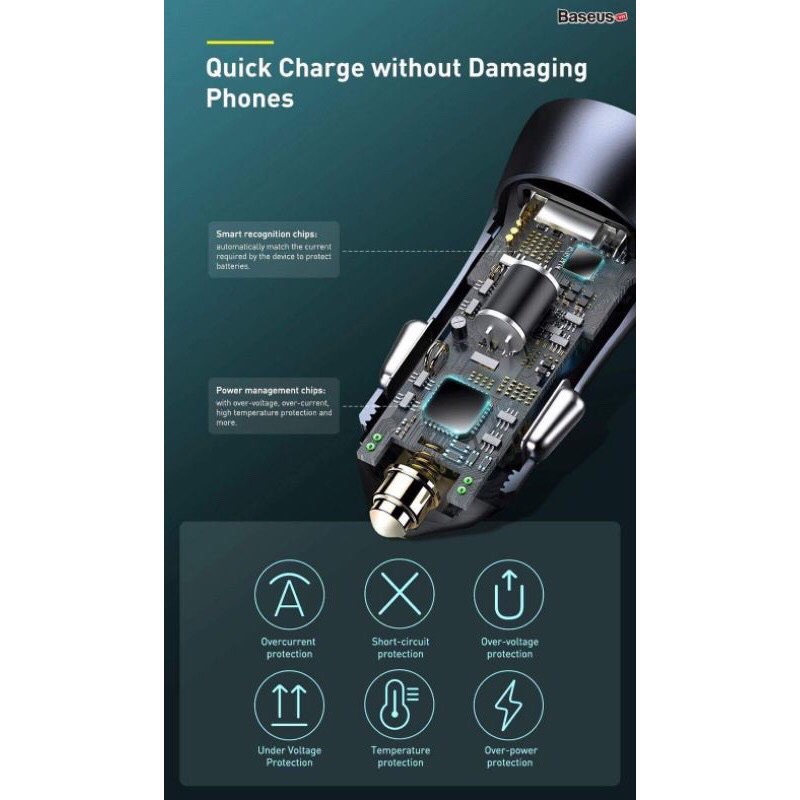 Tẩu sạc nhanh 2 cổng Type C+USB 40W/ PD20/QC3.0 chính hãng Baseus Contactor Pro sạc nhanh cho IPhone 12 Xiaomi OPPO Vivo