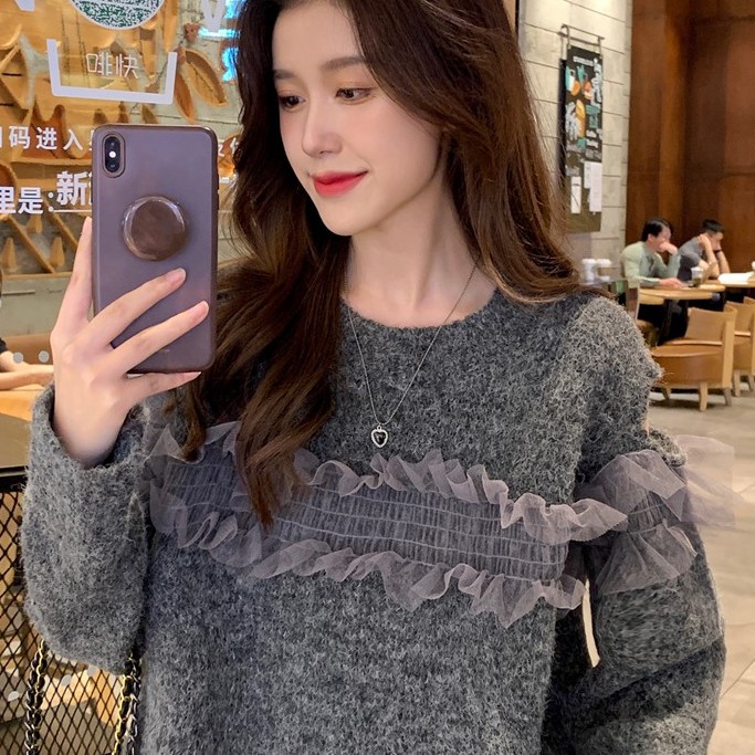 Áo Len Sweater Khoét Vai Phối Bèo LSEOUL A2184 Chất Dày Dặn Mềm Mại Nữ Tính