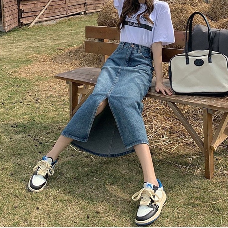 Chân váy SUXI jean dáng chữ A lưng cao màu sắc đơn giản trẻ trung