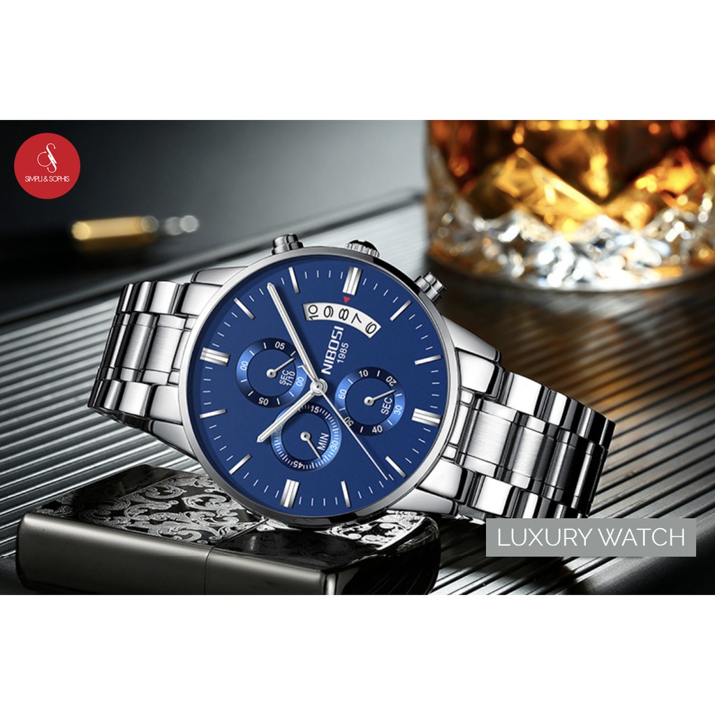 Đồng hồ nam NIBOSI 2309 cap cấp 43mm (Mặt xanh dây bạc) + Tặng hộp đựng đồng hồ thời trang