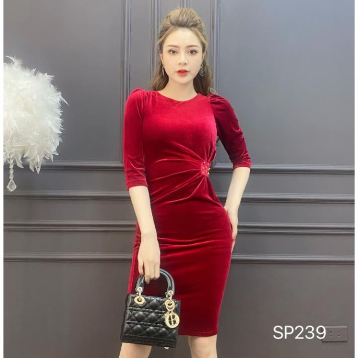 ADIOS Váy nhung ôm cổ tròn eo đính ngọc, váy nhung nữ body thời thượng - SP239 | BigBuy360 - bigbuy360.vn