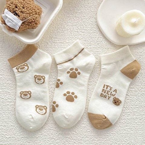 Tất nữ Choobe cổ ngắn cotton co giãn tốt chống hôi chân họa tiết hình gấu dễ thương set 5 đôi màu trắng nâu PK10