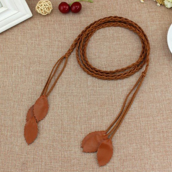 Dây đai thắt lưng da gắn lá, đai váy thắt nơ nữ thanh lịch