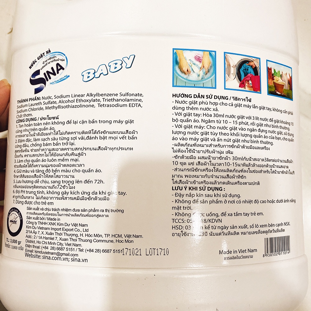[ BÌNH TO - GIẶT THƠM, MỀM VẢI ] CAN 3000ml nước giặt xả làm mềm vải 7in1 Sina công nghệ Thái Lan (Date: 36 tháng)