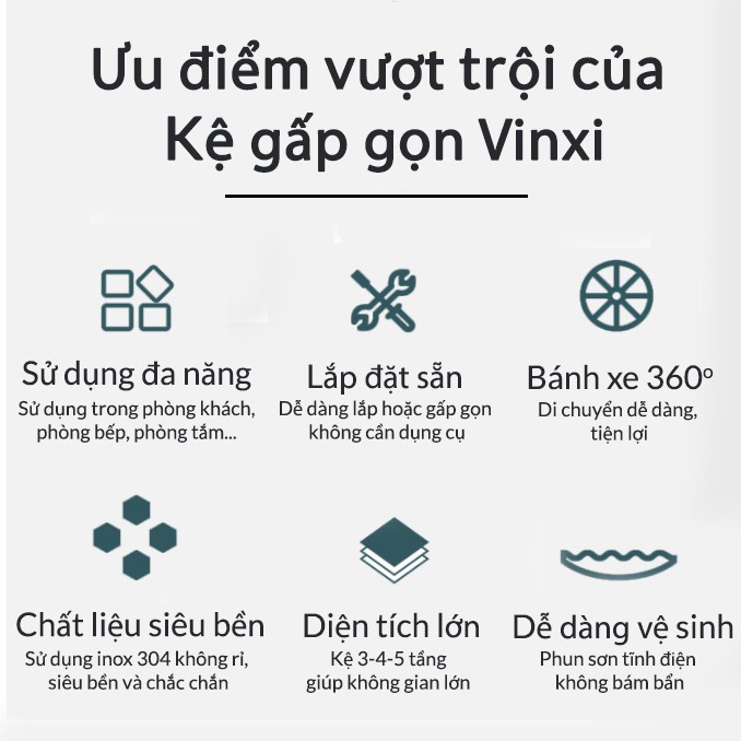 Kệ sắt để đồ gấp gọn có bánh xe, kệ gia dụng đa năng để phòng khách - phòng bếp