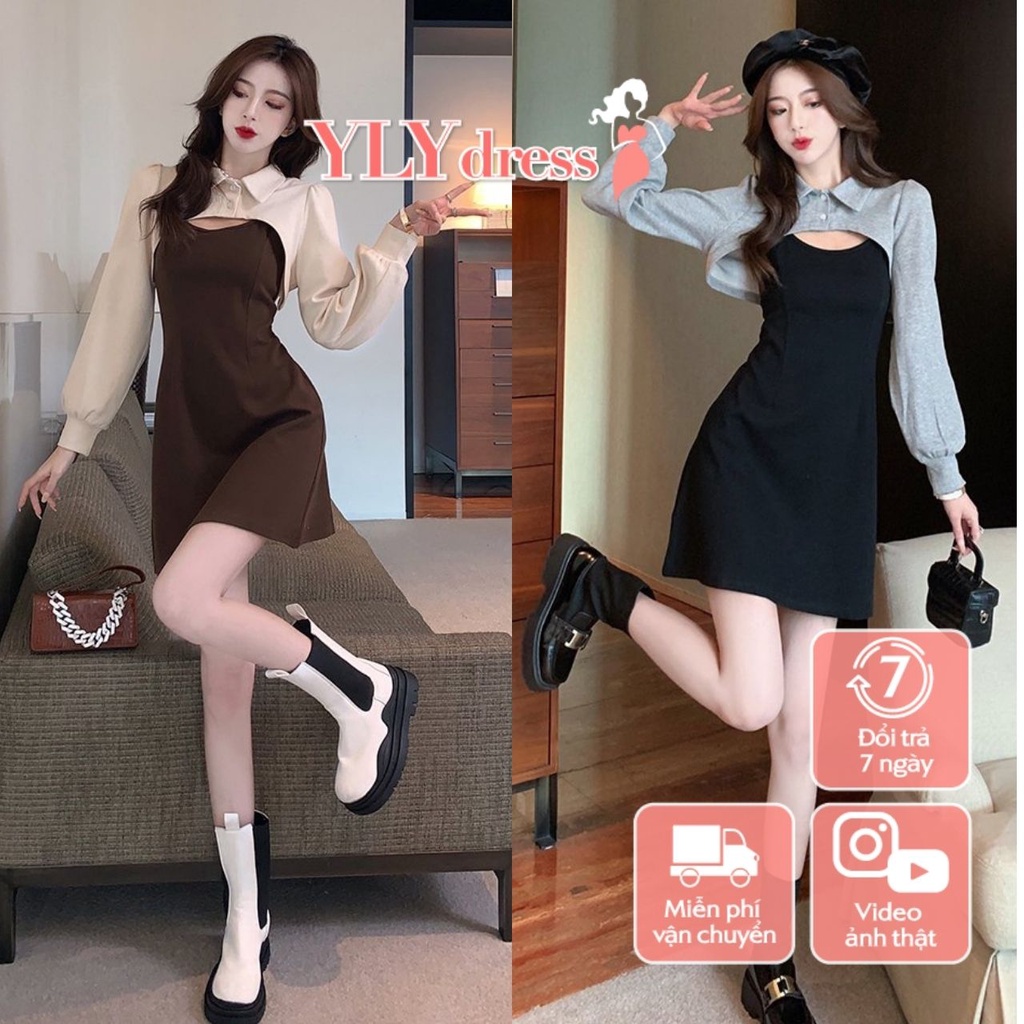 Set váy đầm nữ 2 món cài cúc đen nâu Ylydress freesize dáng A tôn dáng phong cách ulzzang hàn quốc C644