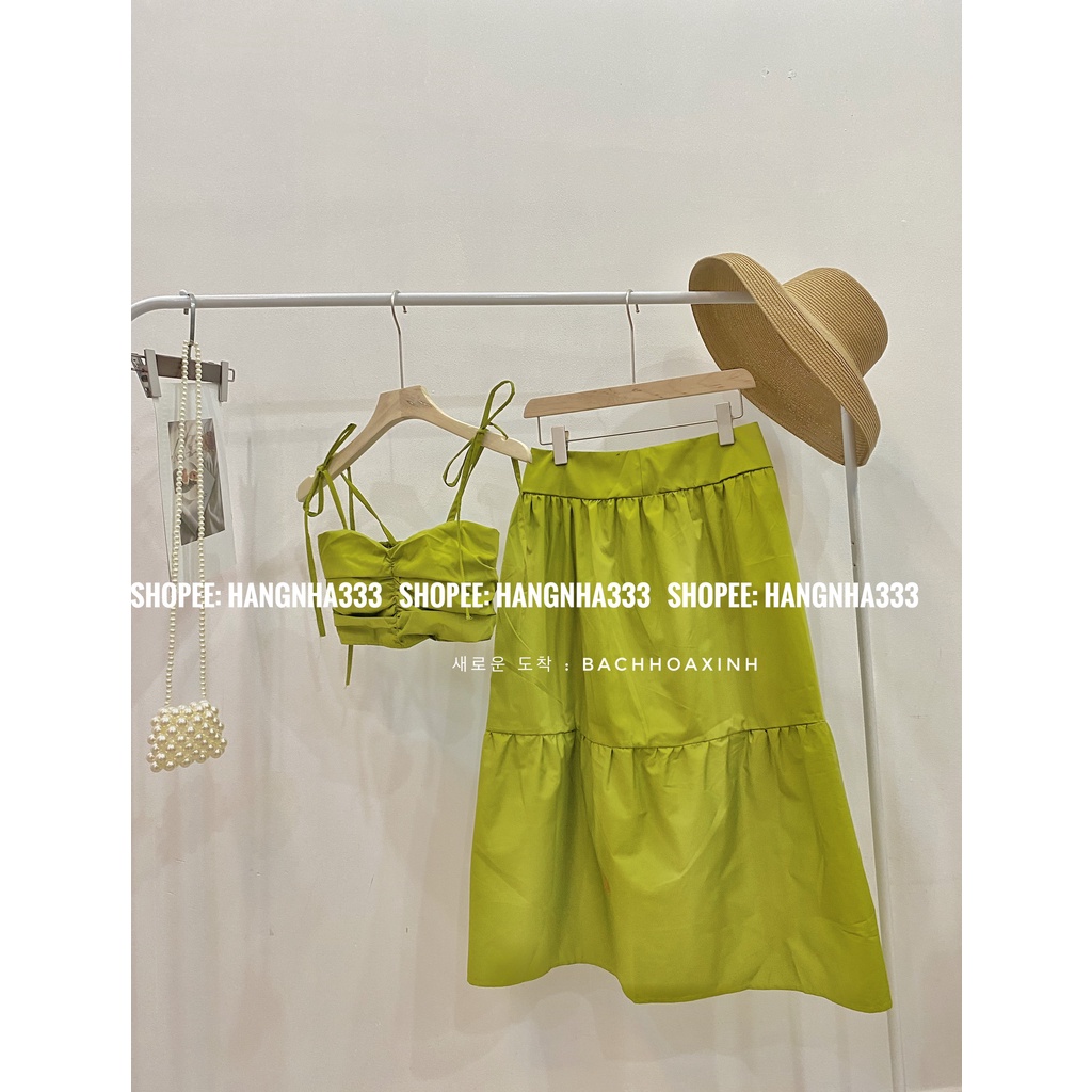 NEW ARRIVAL || Set Áo croptop nhún ngực cột dây Chân váy xòe khóa lưng form maxi đi biển Ulzzang nhiều màu | BigBuy360 - bigbuy360.vn