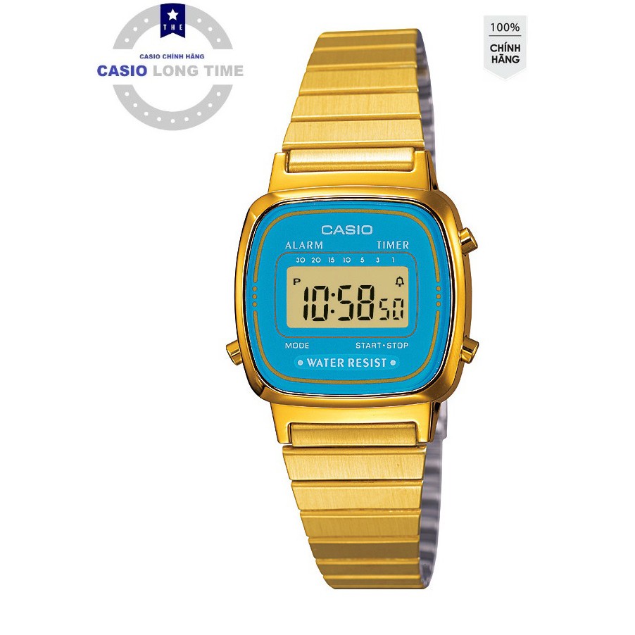 Đồng Hồ Nữ Casio LA670WGA-2DF Dây Kim Loại Mạ Vàng - Viền Mặt Màu Xanh
