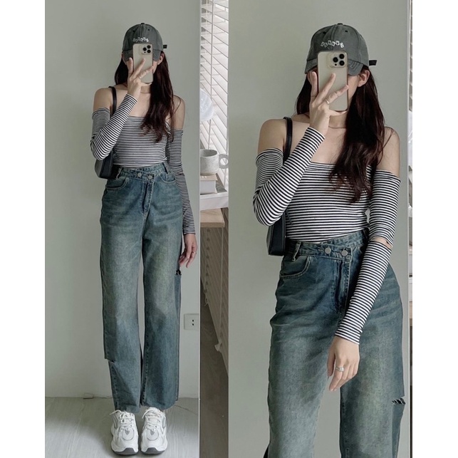 Áo croptop len tăm nữ ngắn tay dáng ôm kẻ ngang co giãn tốt