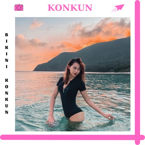 Bikini Đồ bơi nữ liền mảnh bodysuit có tay khoá kéo màu đen cá tính KONKUN MS-01