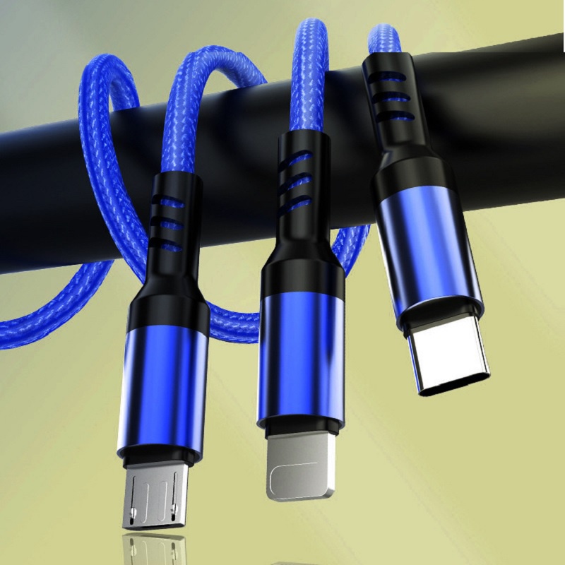 Cáp sạc 3 đầu đa năng Lingtning 3A sạc nhanh bọc dây dù cao cấp cổng USB - Lightning Type C Micro USB