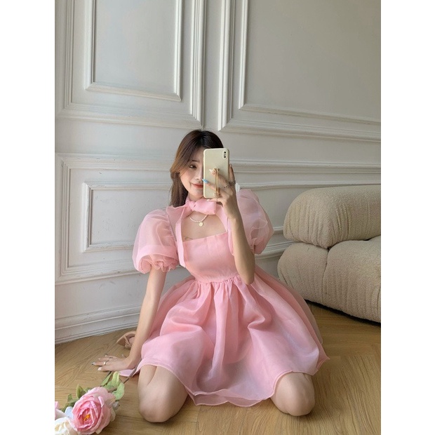 FREE SHIP ĐẦM VOAN XỐP NỮ TAY BỒNG BÚP BÊ CỰC XINH PU THỜI TRANG HHP