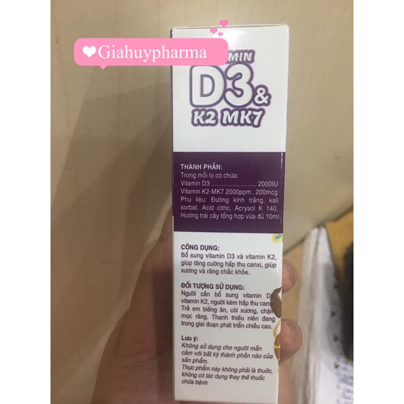 Vitamin D3 & k2 MK7 giúp tăng hấp thu cãni vào xương .giúp xương răng chắc khỏe lọ 10ml