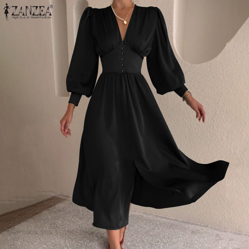 Đầm Dài Zanzea Dáng Chữ A Tay Phồng Cổ Chữ V Ôm Eo Phối Khóa Kéo Thời Trang Cho Nữ