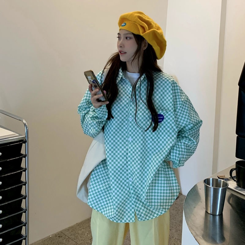 Áo Sơ Mi Nữ Dài Tay Dáng Rộng Họa Tiết Caro Trắng Đen Phong Cách Retro