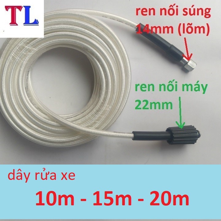 Dây Rửa Xe 10m,15m,20m Cho Máy Bơm Xịt Rửa Áp Lực Cao (Ren nối 22mm - 14mm)