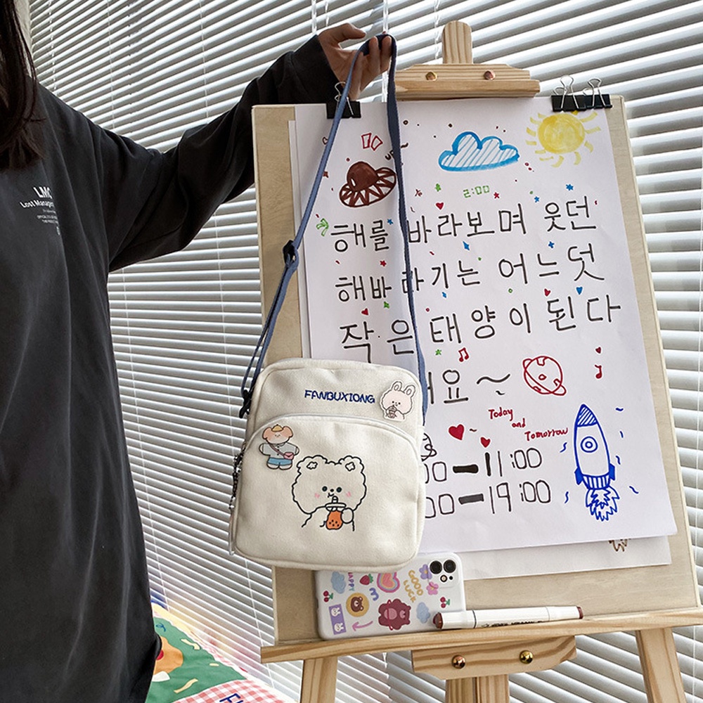 Túi Đeo Chéo Mini Vải Canvas Họa Tiết Hình Thỏ Và Gấu Siêu Dễ Thương Hai Ngăn Nhỏ Gọn Phong Cách Hàn Quốc
