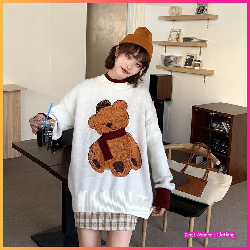 Áo Len Nữ, Áo Len Họa Tiết Gấu Cổ Tròn Form Rộng Dễ Thương Ulzzang | BigBuy360 - bigbuy360.vn