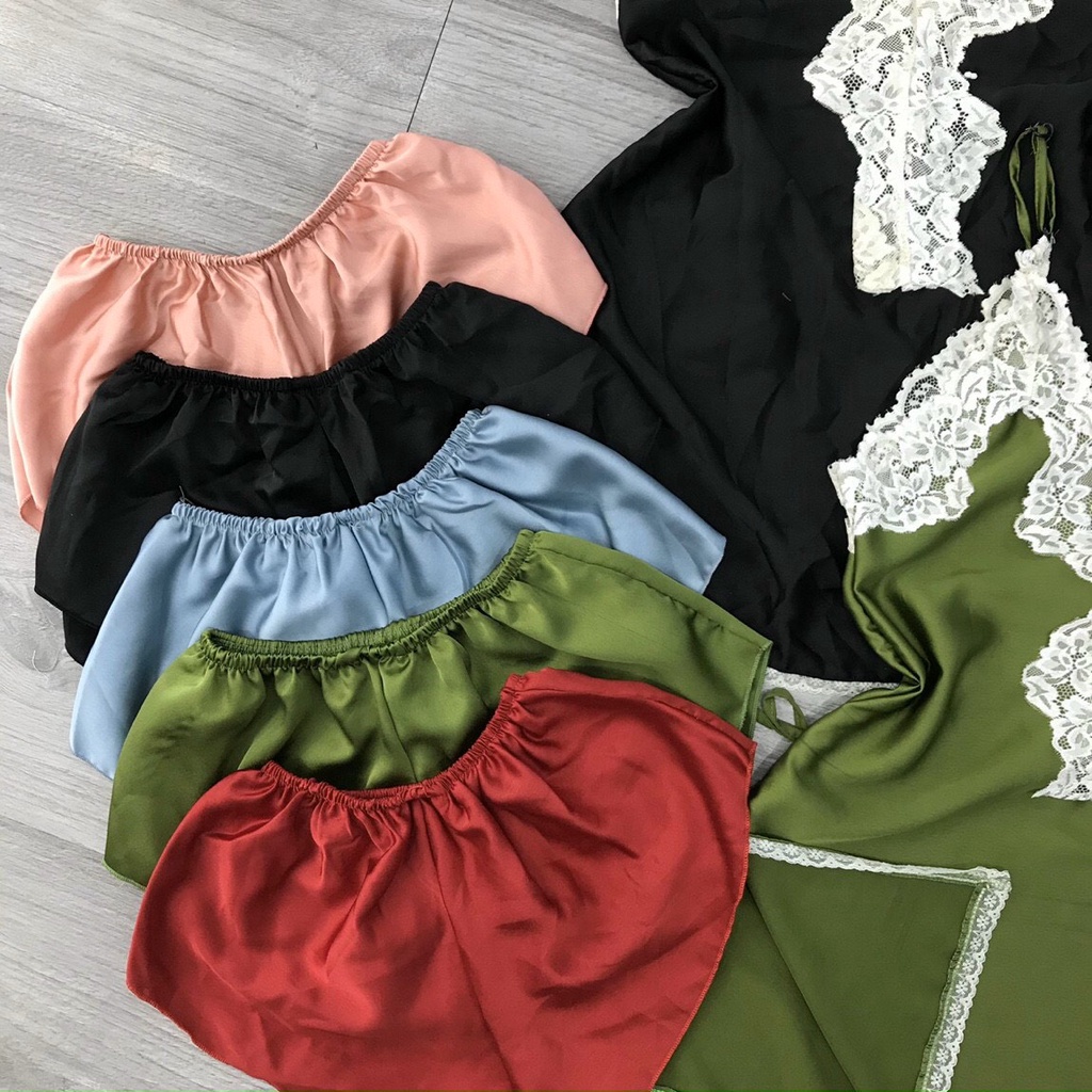 Đầm ngủ 2 dây xẻ tà, lụa satin cao cấp phối ren quyến rũ kèm quần đùi gợi cảm, freesize dưới 65kg - SHOP HUYỀN TRANG