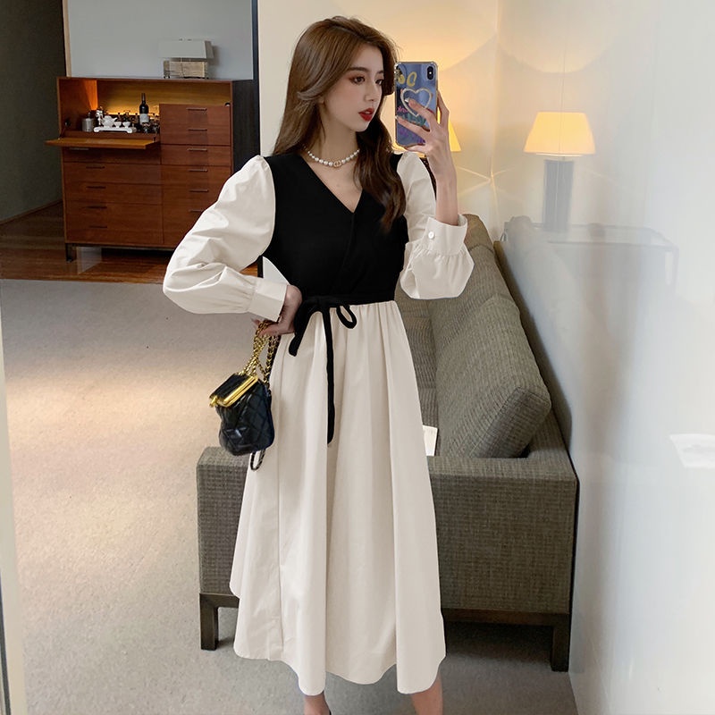 Đầm tay dài cổ chữ v thời trang mùa xuân phong cách hàn quốc cho nữ