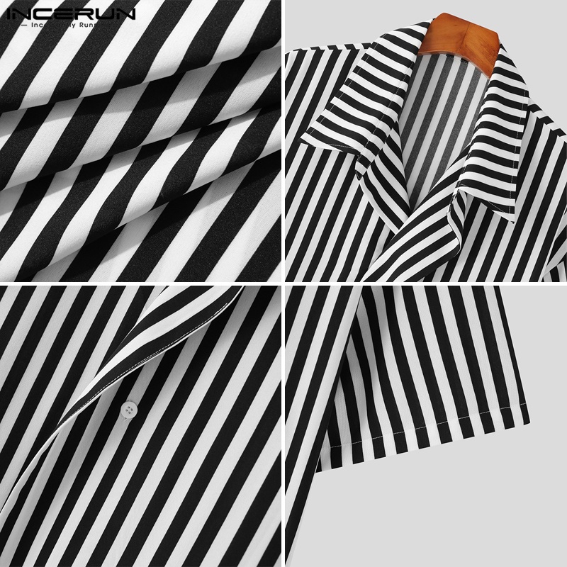 Áo sơ mi INCERUN tay ngắn cài nút họa tiết kẻ sọc phong cách Hàn Quốc trẻ trung thời trang dành cho nam