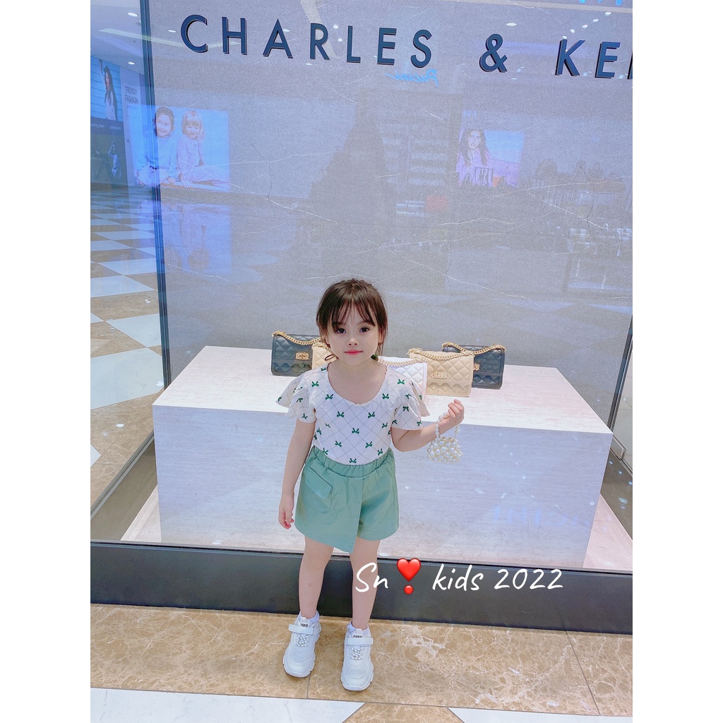 Bộ cộc tay bé gái, Bộ mùa hè đi chơi chất đũi nơ lưng kèm quần thô giả váy