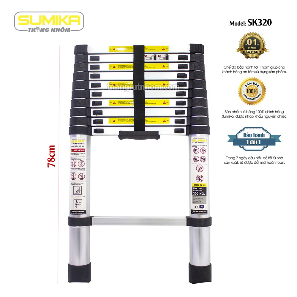 Thang nhôm rút gọn SUMIKA SK320 - Chiều cao tối đa 3.2m, chiều dài rút gọn 0.78m