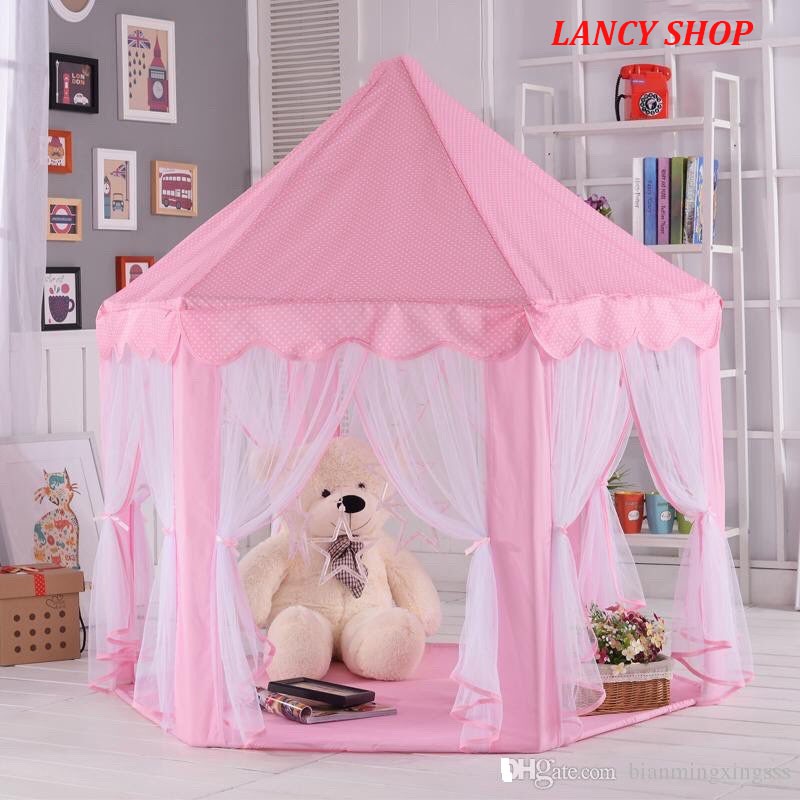 Lều công chúa hoàng tử cho bé trai bé gái lục giác 6 cửa có rèm chống muỗi kèm bóng đèn nháy loại to hồng xanh V22
