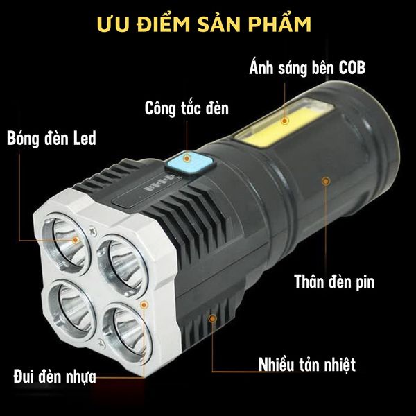Đèn Pin Cầm Tay Chiếu Xa Siêu Sáng 4 Bóng 4 Chế Độ Sạc USB, Đèn Pin Led, Du Lịch Hot 2022 MẪU L-S03
