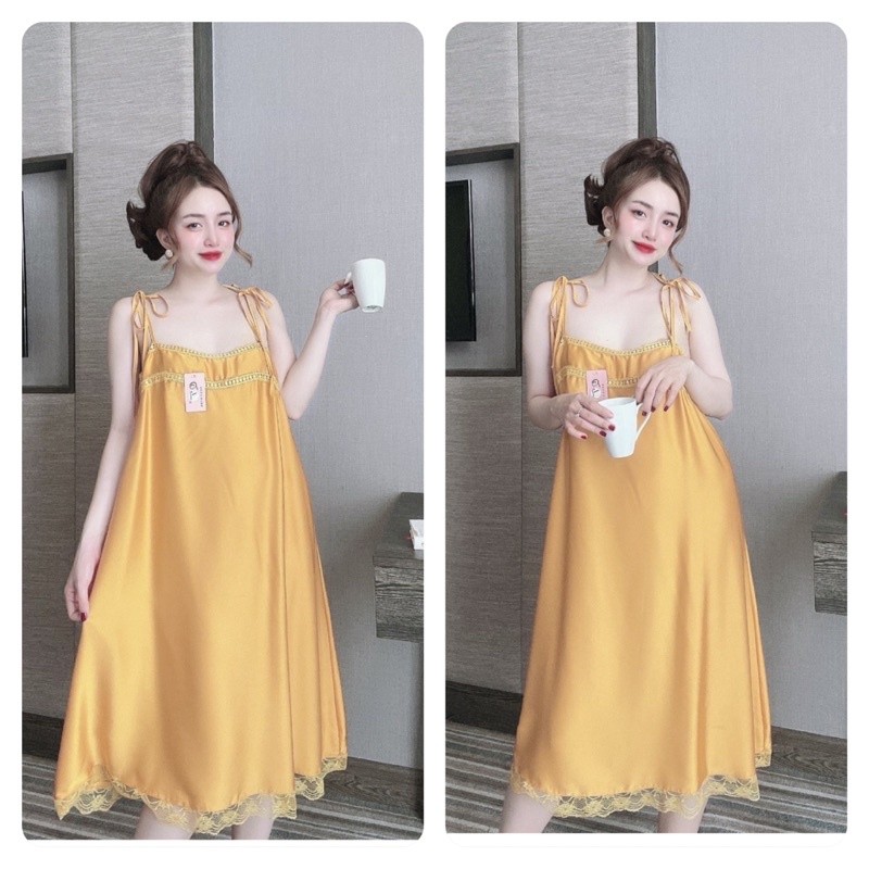 Váy Ngủ Nữ Sexy Nữ, Đầm Ngủ Nữ 2 Dây lụa Latin phối ren, Freesize 40_70kg, tuỳ chiều cao