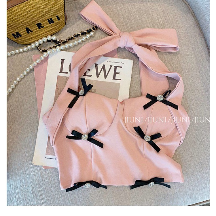 The bow is sweet, spicy, sexy, hanging neck jacket, female high-end French style 2022 new pink summer dress temperament socialite