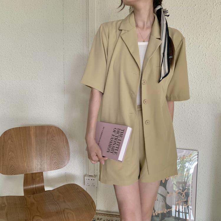 Summer 2021 New Style Short Sleeve Casual Suit Jacket Women + Loose High Waist Shorts Two Piece Suit / One Piece[delivery Within 3 Days ]