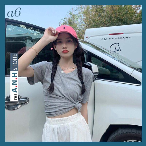 Áo thun xược cổ tim cổ V nữ, tay ngắn , phom suông nhẹ basic ANHSTORE, thun giấy cổ tim nữ phong cách Hàn Quốc