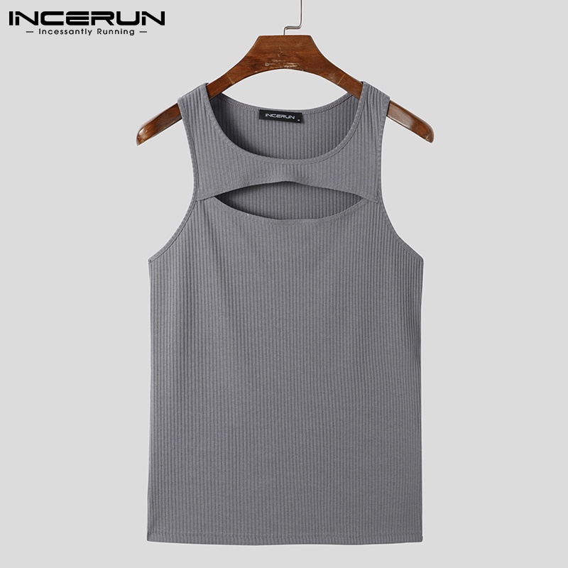 Áo cộc tay INCERUN cổ tròn màu trơn thiết kế rỗng cho nam mặc thường ngày