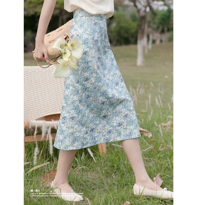 Chân váy IELGY dáng chữ A lưng cao họa tiết hoa nhí xinh xắn phong cách retro kiểu Pháp