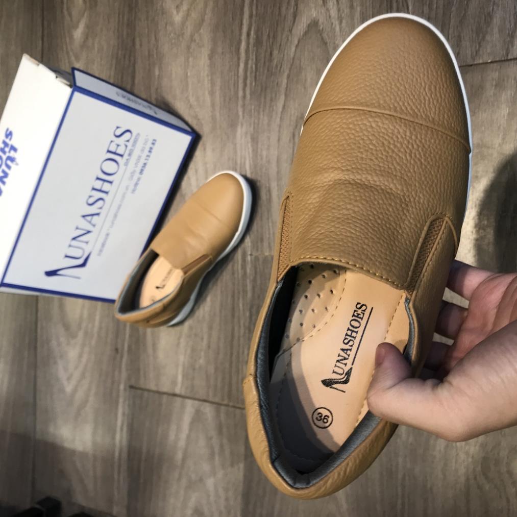 Giày slip on nữ Lunashoes (709) giầy lười da bò thật màu đen nâu trắng đế cao su cao 5 phân tăng chiều cao HMT