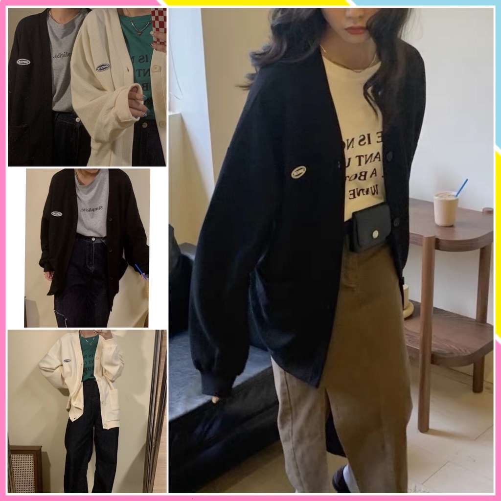 Áo khoác cardigan SIMPICCHIC form rộng dài tay mỏng 1 lớp hình thêu cotton xốp ô vuông nữ đẹp hàn quốc ULZZANG