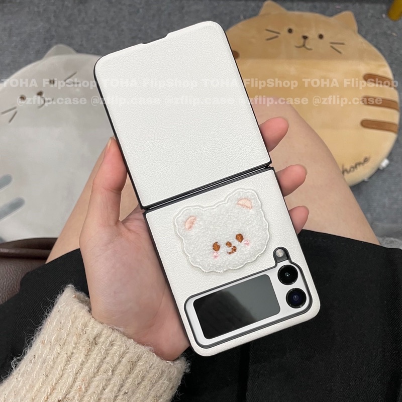 [HÀNGSẴN] Ốp lưng  Z Flip 3 / Z Flip 4 Trắng gấu vải kèm decal trắng cute / Z Flip3 / ZFlip3 / Z Flip4/ ZFlip4