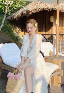 ĐẦM MAXI TRẮNG ĐAN NGỰC PHỐI REN (KÈM HÌNH THẬT)