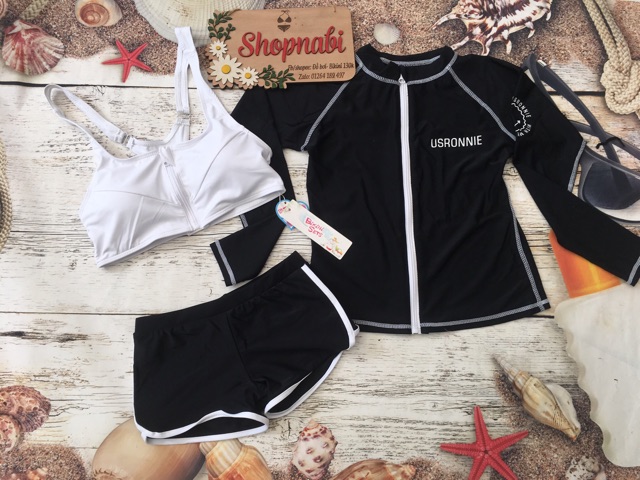 Bikini đồ bơi tay dài kín đáo 3 mảnh hàng nhập đen viền trắng
