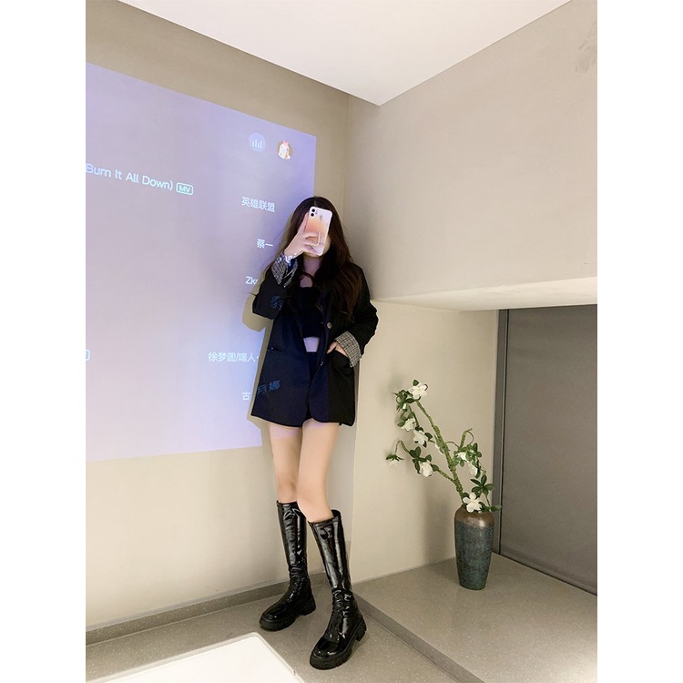 Giày bốt dành cho nữ cổ cao mũi tròn phối khóa kéo thời trang | BigBuy360 - bigbuy360.vn