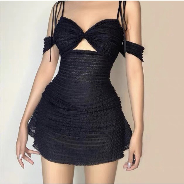 Đầm dự tiệc trễ vai phối nơ ngực dáng xòe chất ren lụa cao cấp - Sun Dress