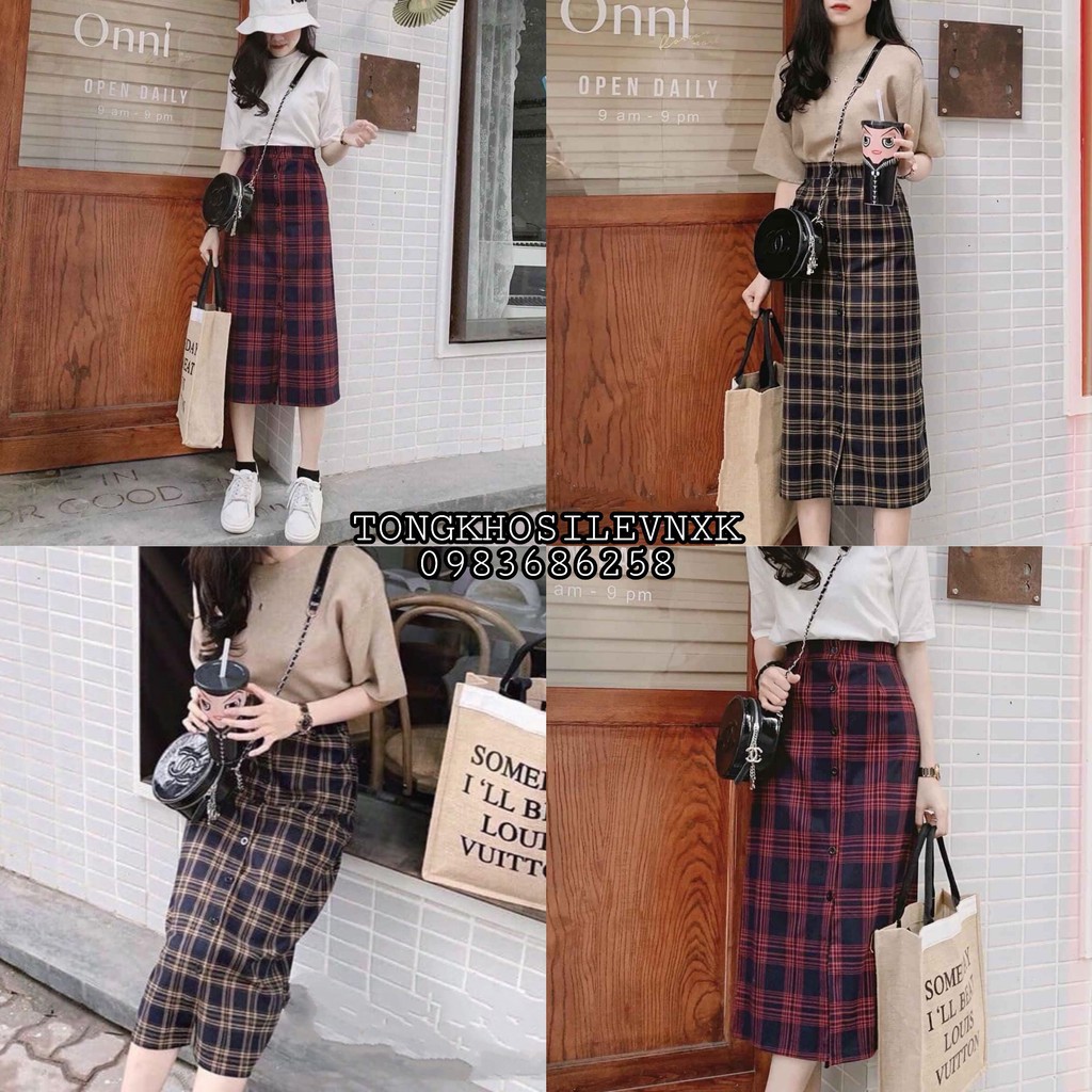 CHÂN VÁY KẺ CARO CHỮ A PHỐI CÚC DÁNG DÀI KẺ XANH - KẺ ĐỎ HÀN QUỐC - Hot 2020 | BigBuy360 - bigbuy360.vn