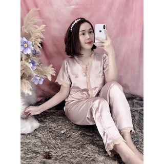 Đồ bộ phi lụa cổ tim viền ren - tay ngắn quần dài