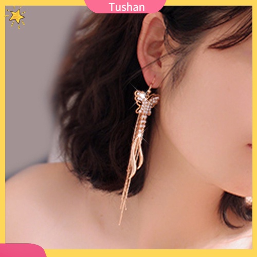 Đôi khuyên tai tua rua dài hình bươm bướm đính đá thời trang cho nữ