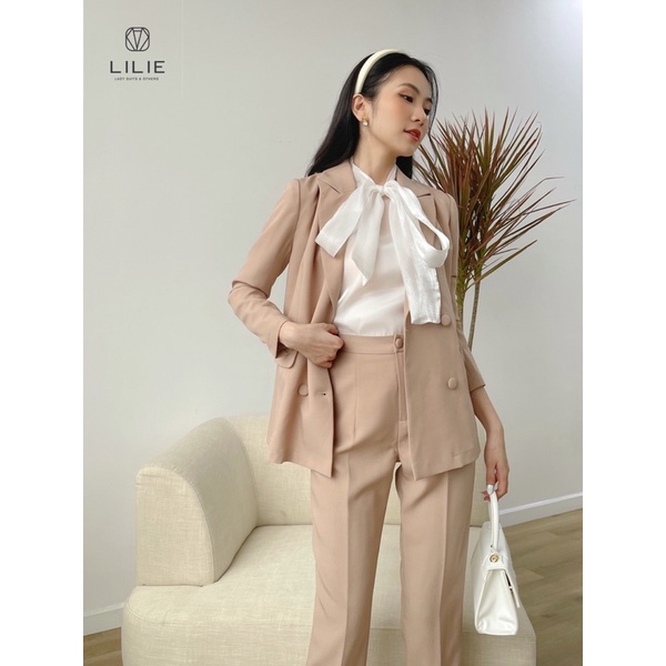 Set blazer 4 cúc bọc nâu tây và quần âu nâu tây
